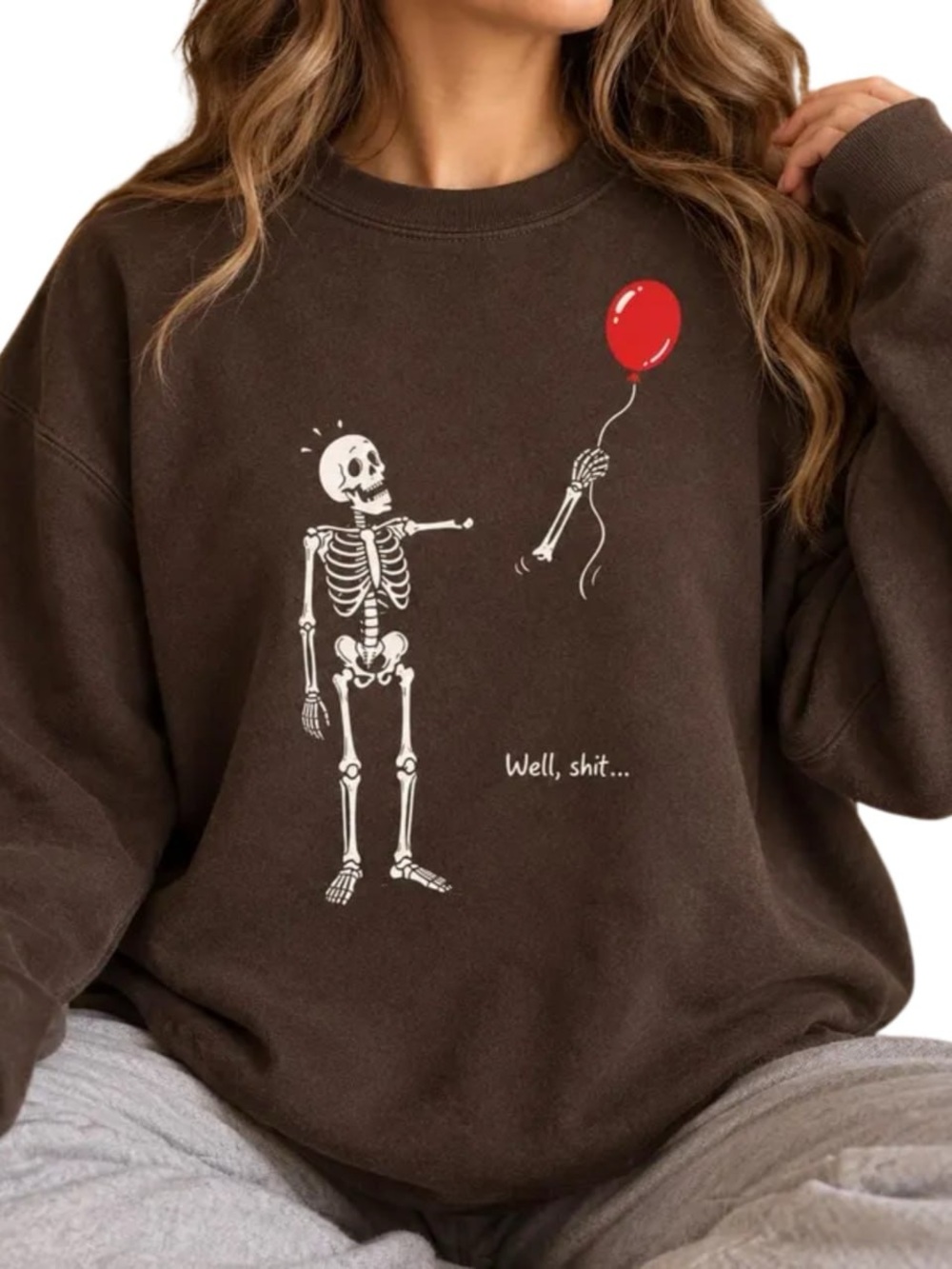 Brown Graphic Skeleton Tee with Red Balloon